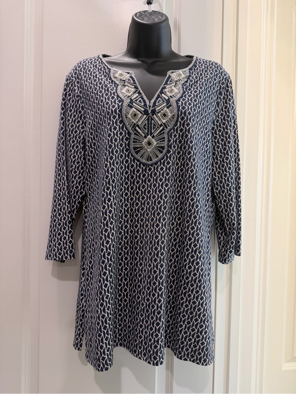 Coldwater Creek Navy Beaded Cotton Tunic Top Size S 8